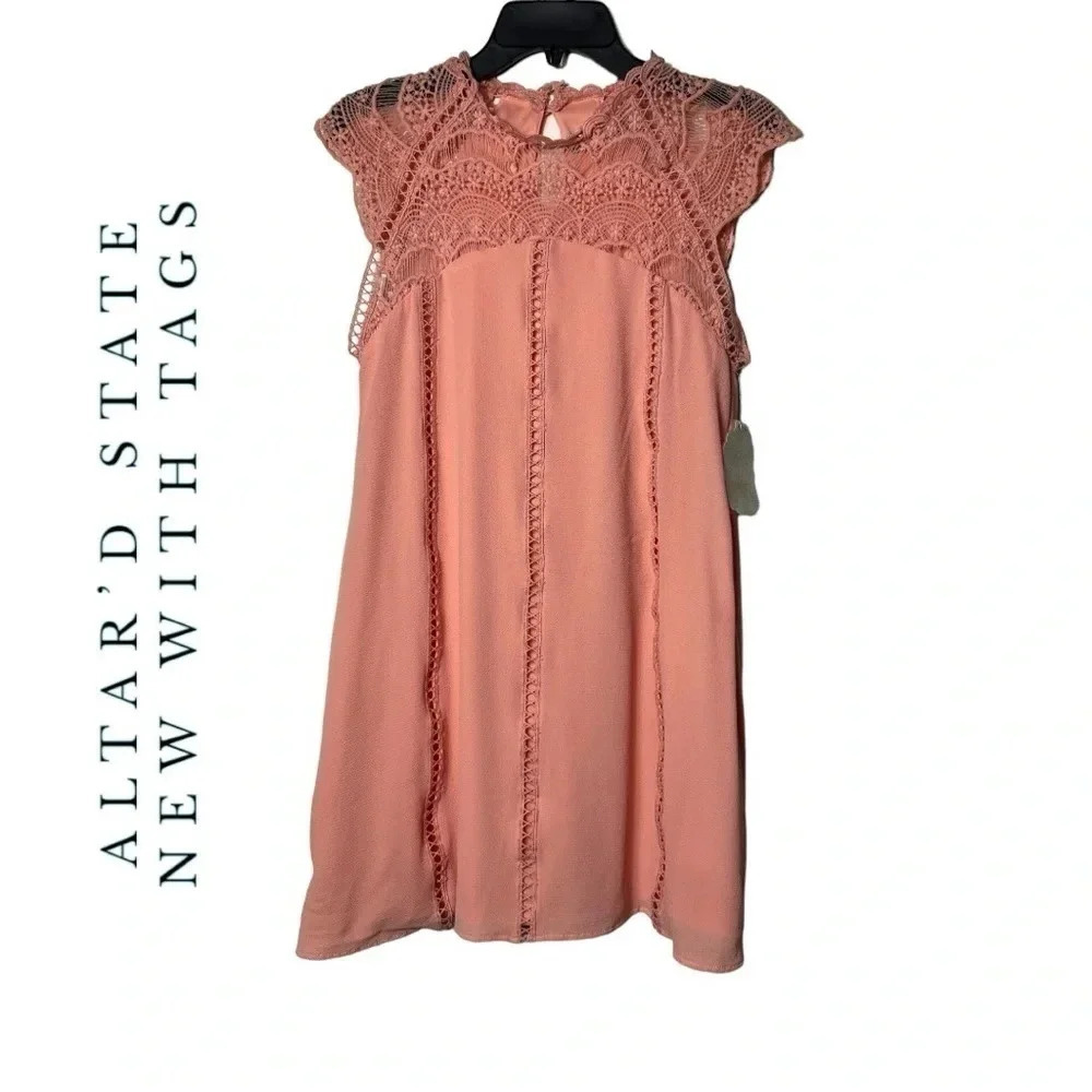1680. ALTAR’D STATE SLEEVELESS MINI DRESS BOHO STYLE SIZE SMALL NEON CORAL COLOR